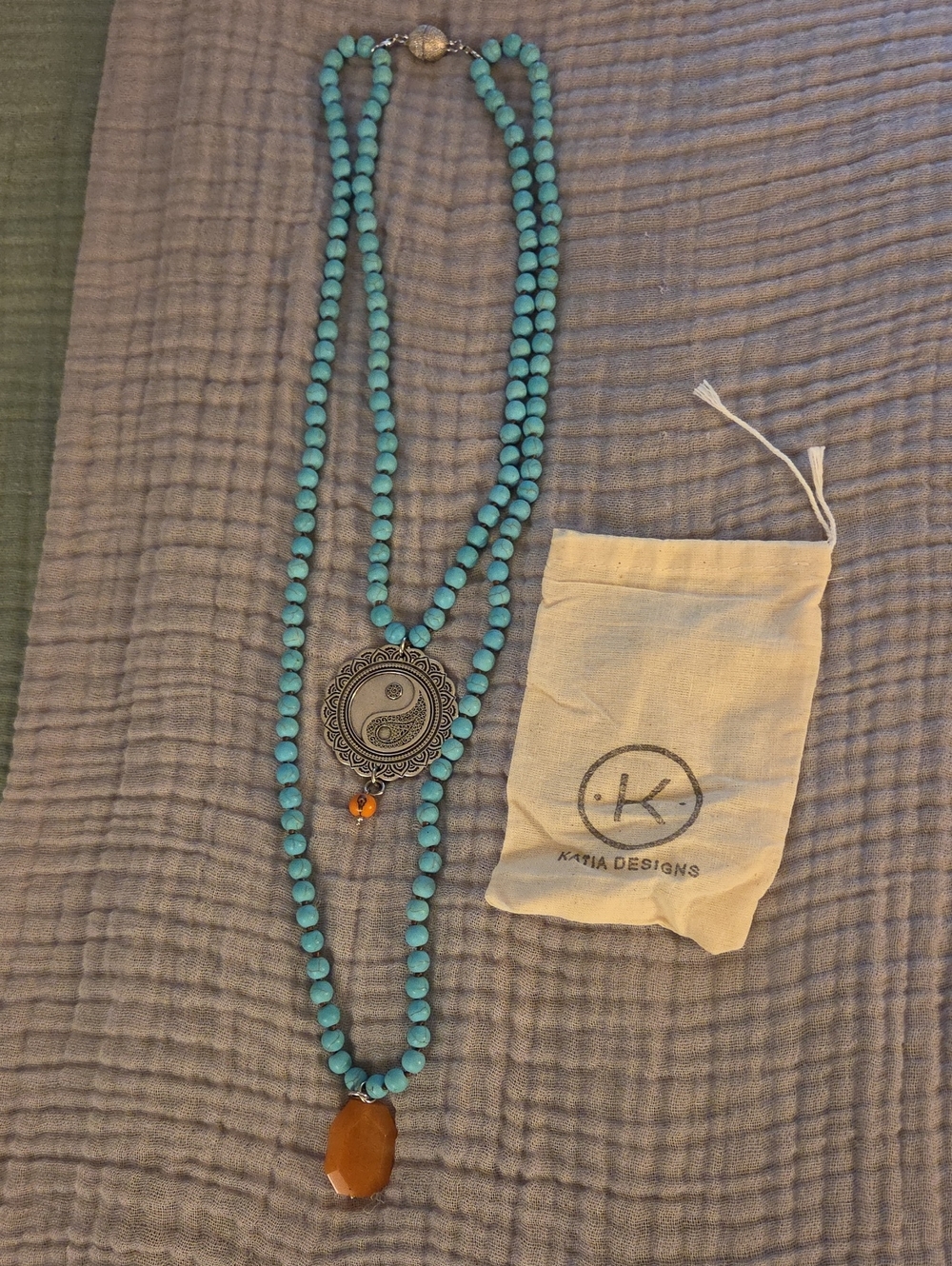 Katia Designs Turquoise Bead Statement Necklace with Amber Pendant